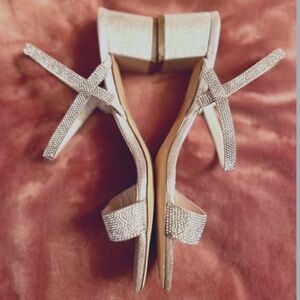 Crystal-Encrusted Stretch Strap Low-Heel Sandals, Size 8